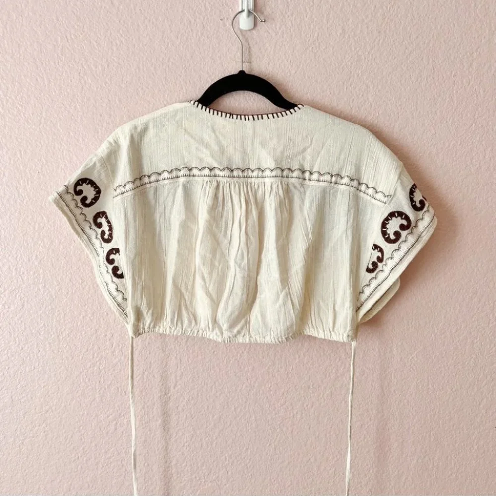 FREE People Kai Embroidered Cropped Top Pants Set Cream Brown Medium New - Picture 4 of 12